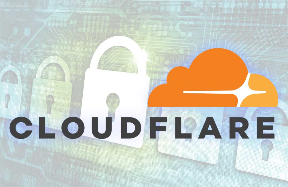 Cloudflare logo on a background depicting website security