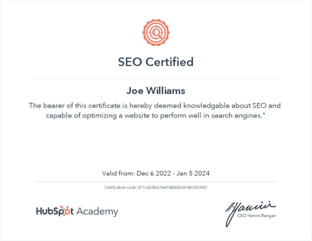 Hubspot SEO Certification — Joe Williams